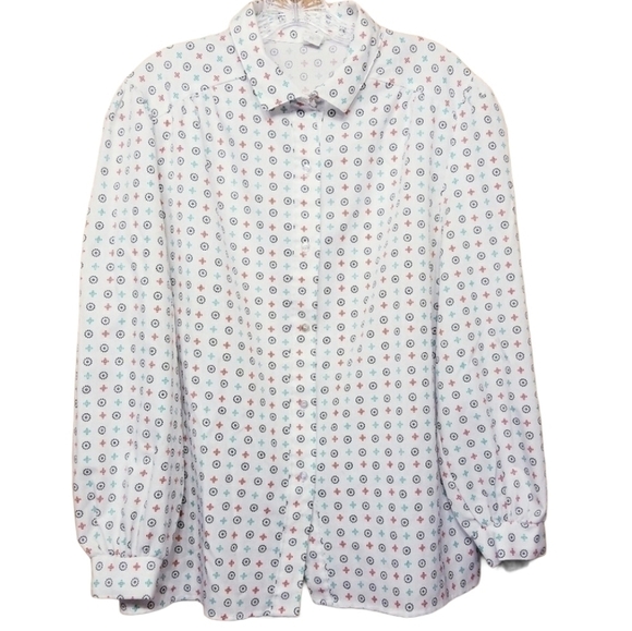 ILGWU | Vintage White Button Down Printed Blouse (Size Medium) - Picture 1 of 11